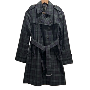 The Scotch House Black Watch plaid Green Blue Trench Coat Jacket Small X-Small